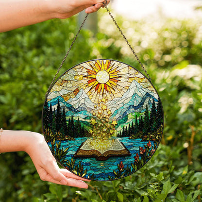 Open Book and Sun Rays Stained Glass Suncatcher Window Hanging Nature Gift for Teachers