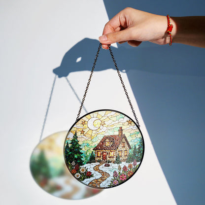 Cozy cabin winter night forest scene stained glass suncatcher window hanging Christmas gift