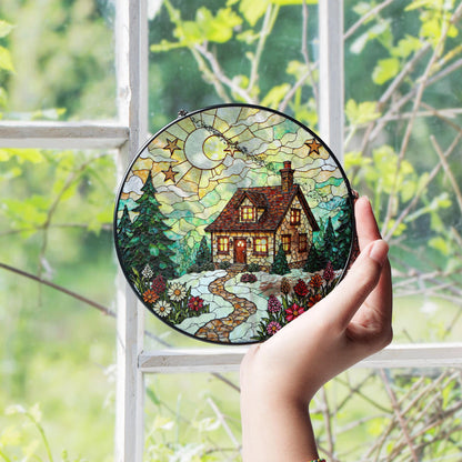 Cozy cabin winter night forest scene stained glass suncatcher window hanging Christmas gift