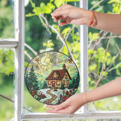 Cozy cabin winter night forest scene stained glass suncatcher window hanging Christmas gift