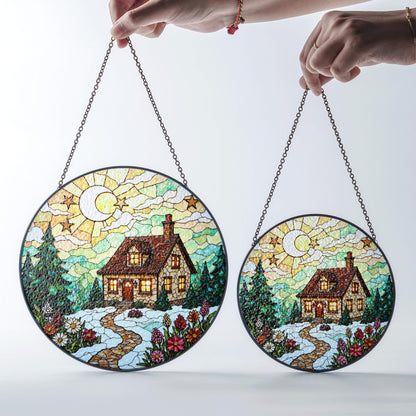 Cozy cabin winter night forest scene stained glass suncatcher window hanging Christmas gift