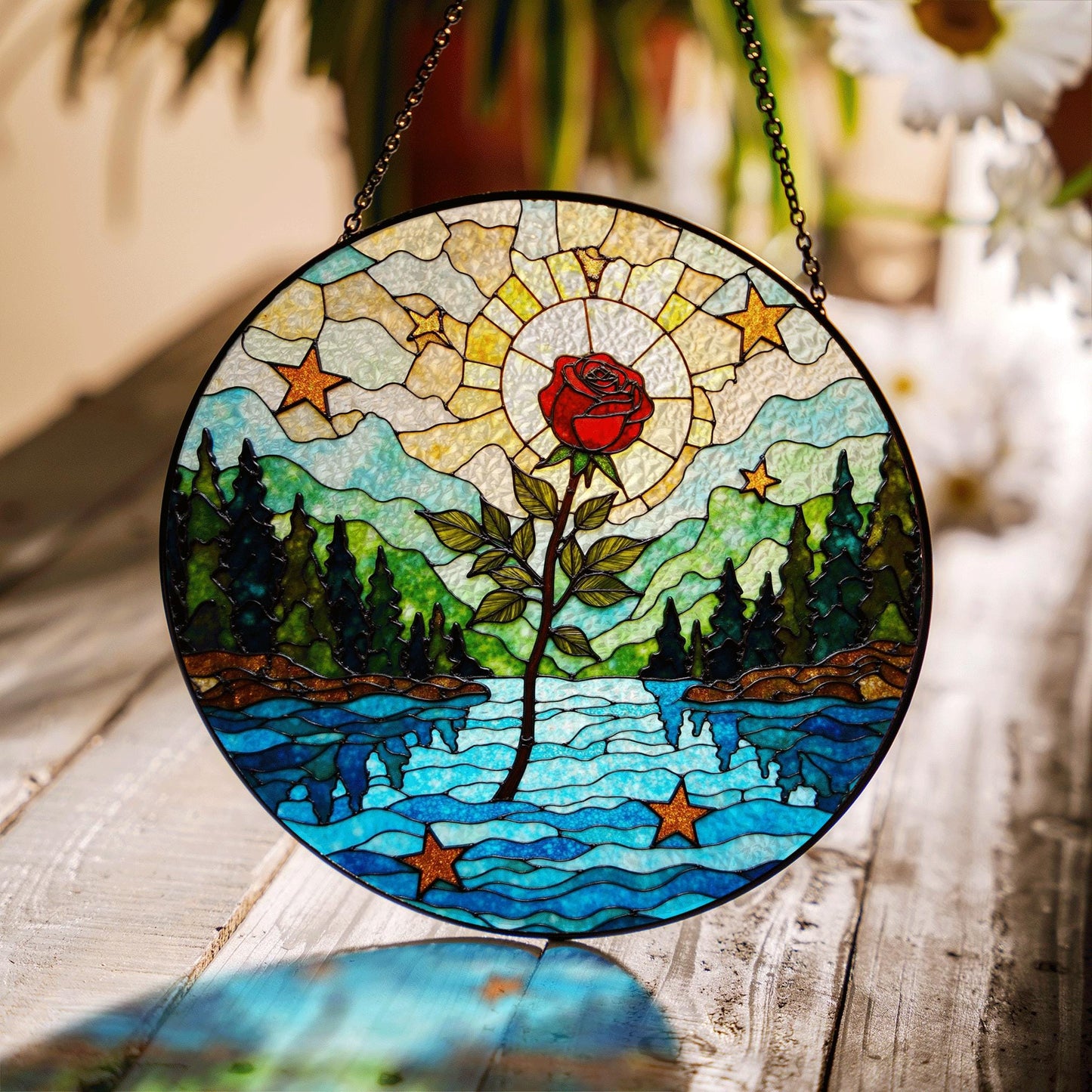 Red rose forest river stained glass round suncatcher window hanging nature decor gift for her birthday