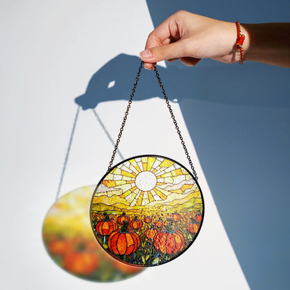Glowing Pumpkin Field Suncatcher Autumn Window Decor Halloween Gift for Mom or Fall Lovers