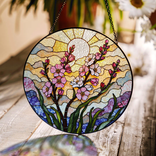 Pink flower stained glass round suncatcher window decor spring gift