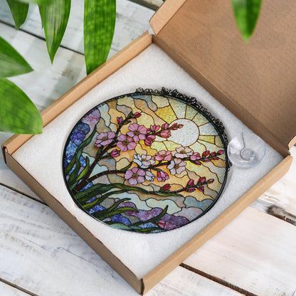 Pink flower stained glass round suncatcher window decor spring gift