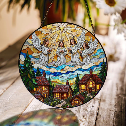 Stained Glass Angel Choir Over Cozy Village Christmas Window Suncatcher Gift for Mom Grandma or Religious Friend