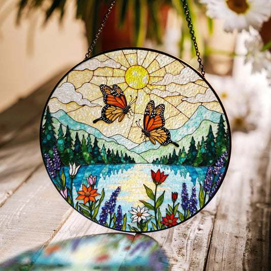 Monarch butterflies over lake and wildflowers round suncatcher nature window hanging gift for mom