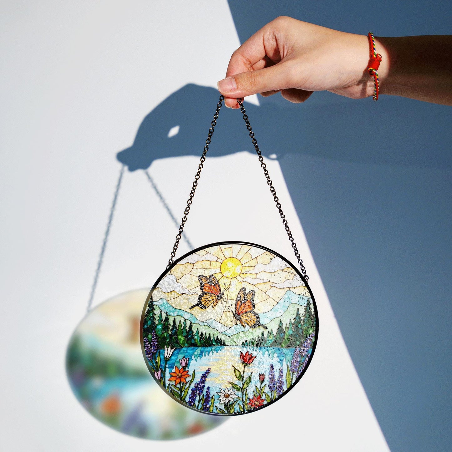 Monarch butterflies over lake and wildflowers round suncatcher nature window hanging gift for mom