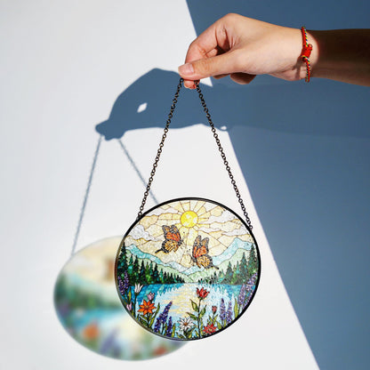 Monarch butterflies over lake and wildflowers round suncatcher nature window hanging gift for mom