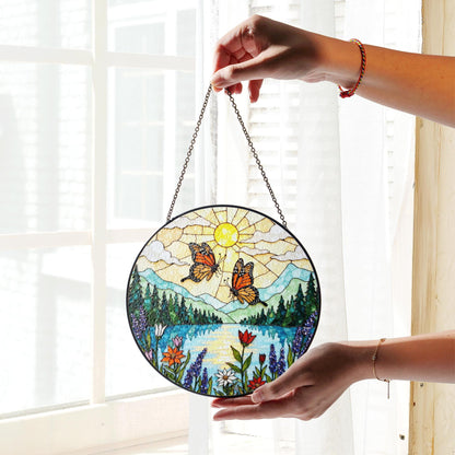Monarch butterflies over lake and wildflowers round suncatcher nature window hanging gift for mom