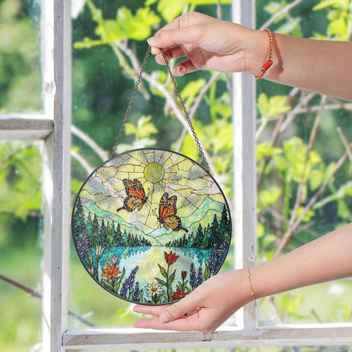 Monarch butterflies over lake and wildflowers round suncatcher nature window hanging gift for mom