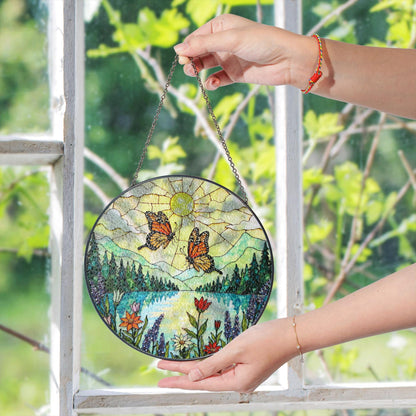 Monarch butterflies over lake and wildflowers round suncatcher nature window hanging gift for mom