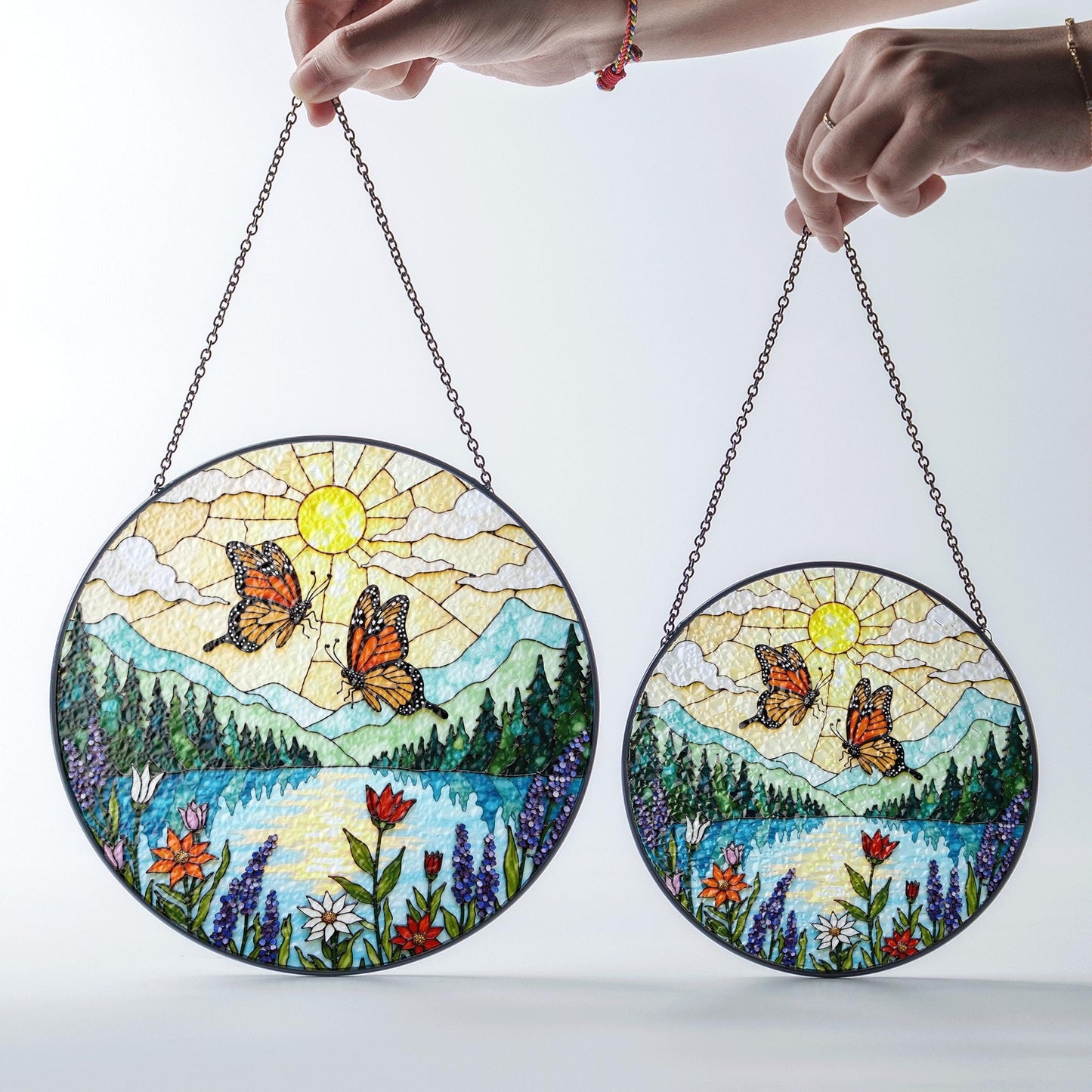 Monarch butterflies over lake and wildflowers round suncatcher nature window hanging gift for mom