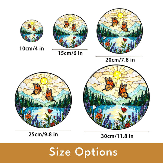 Monarch butterflies over lake and wildflowers round suncatcher nature window hanging gift for mom