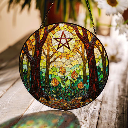 Forest trees stained glass suncatcher with pentacle art window decor gift for Halloween or pagan friend