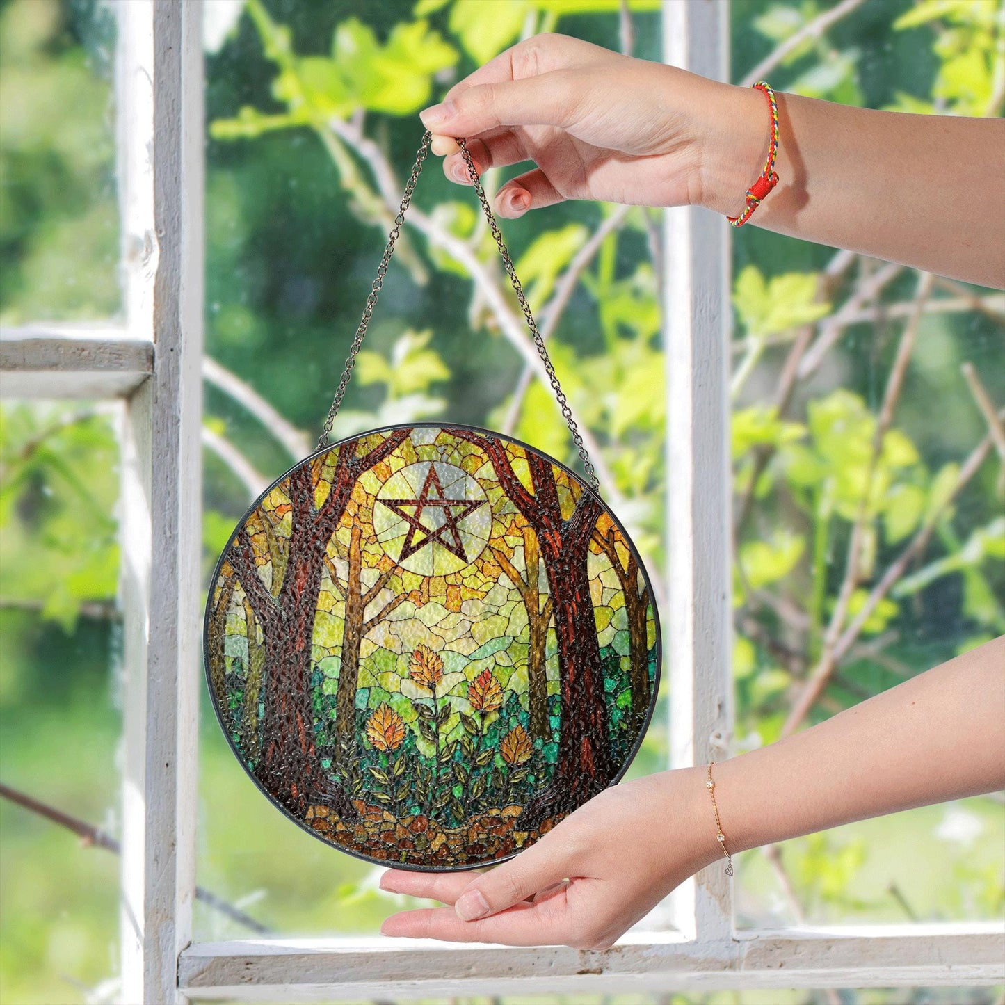 Forest trees stained glass suncatcher with pentacle art window decor gift for Halloween or pagan friend