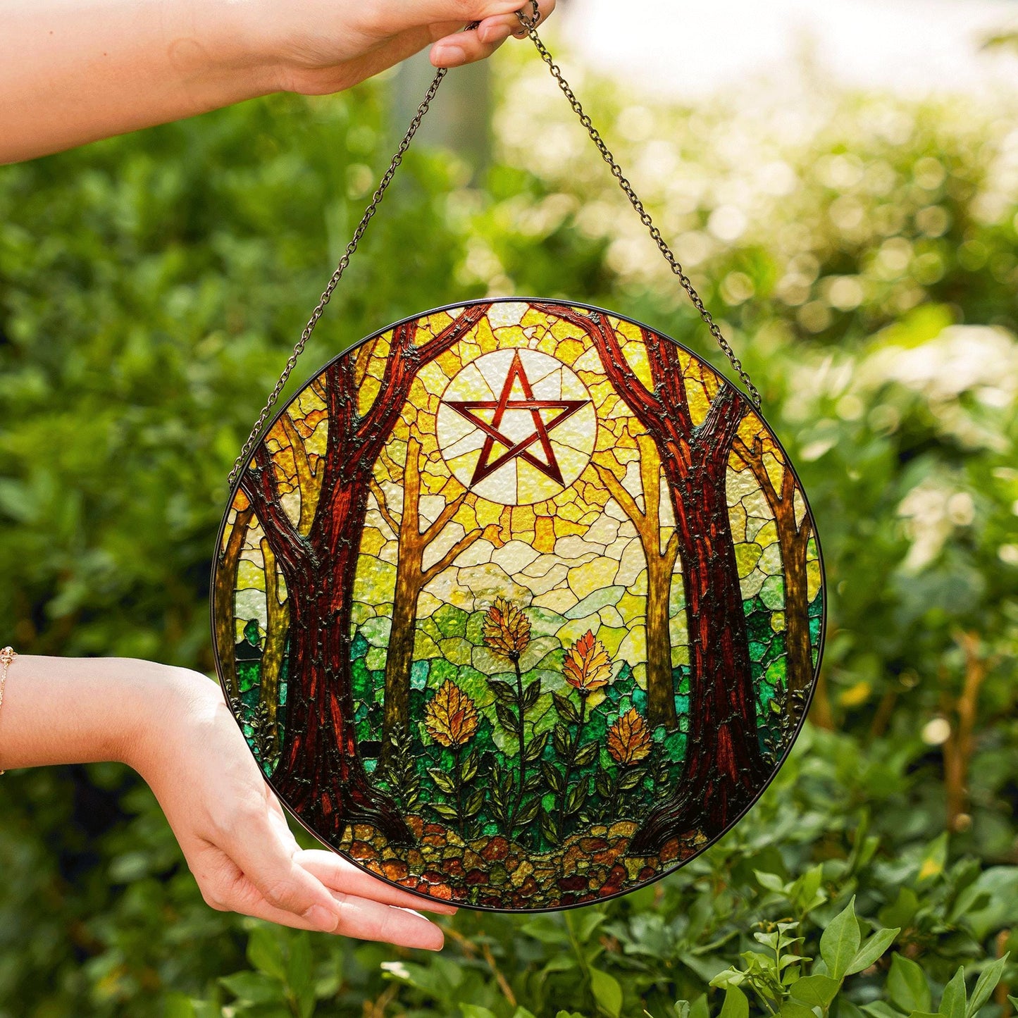 Forest trees stained glass suncatcher with pentacle art window decor gift for Halloween or pagan friend