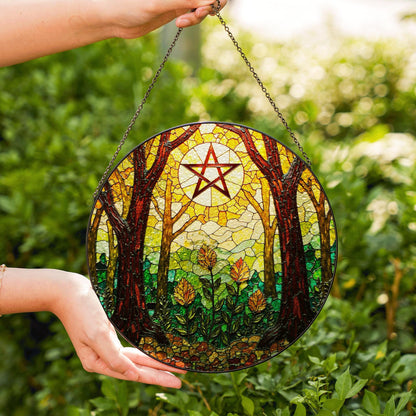Forest trees stained glass suncatcher with pentacle art window decor gift for Halloween or pagan friend
