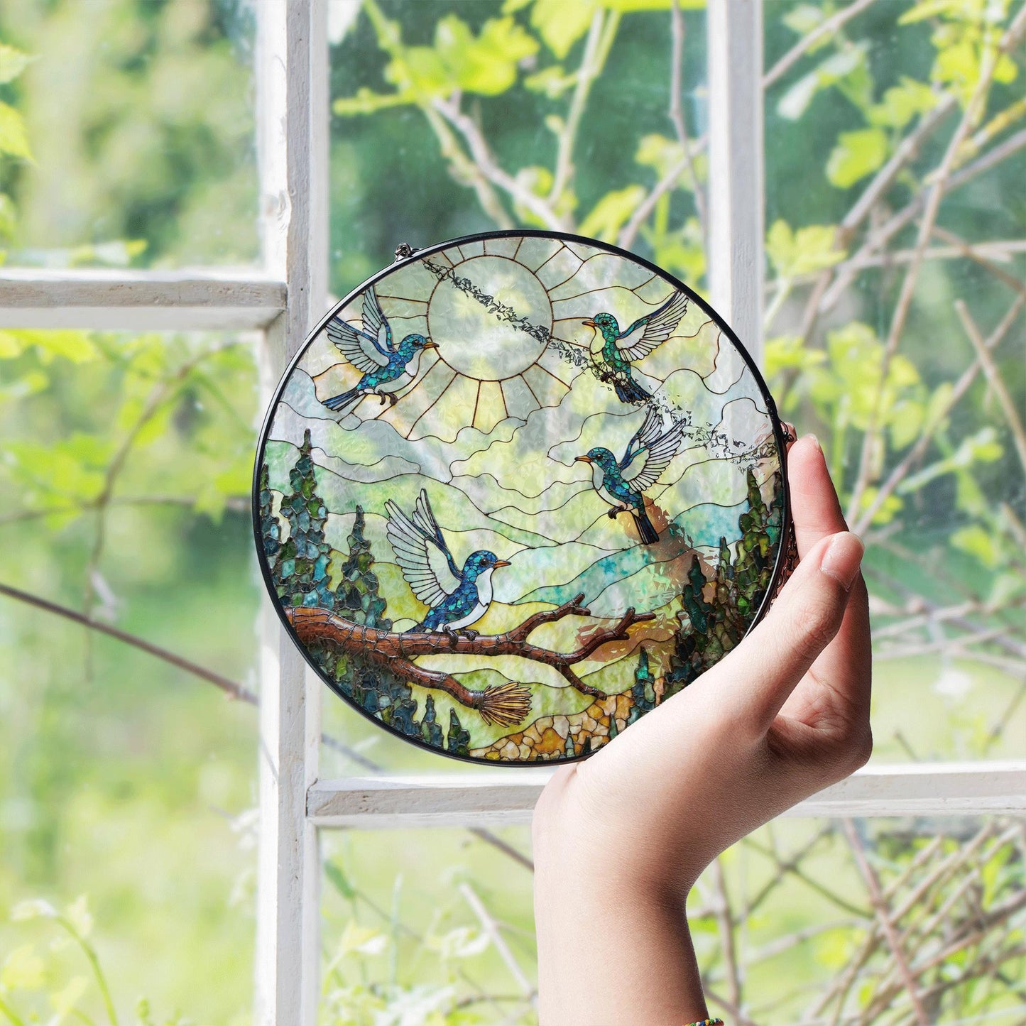 Colorful hummingbirds forest art glass suncatcher window hanging gift for mom birthday