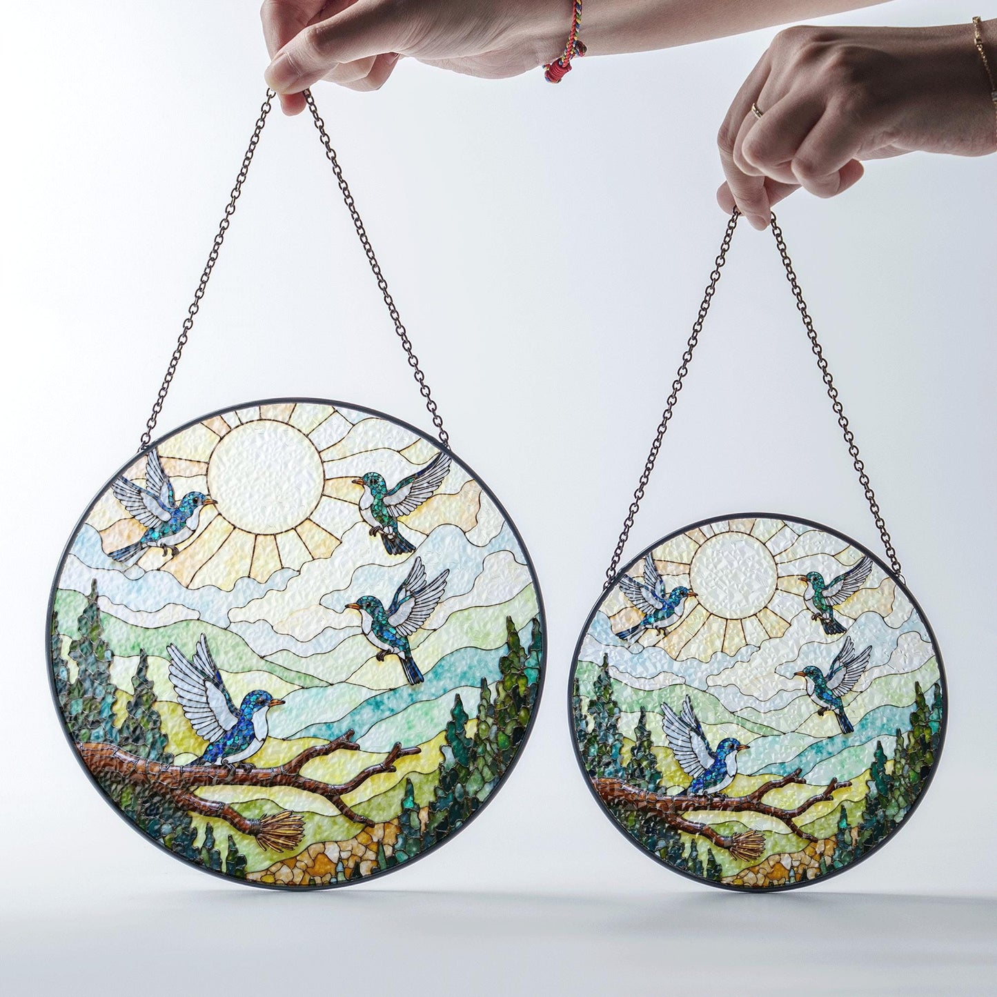Colorful hummingbirds forest art glass suncatcher window hanging gift for mom birthday