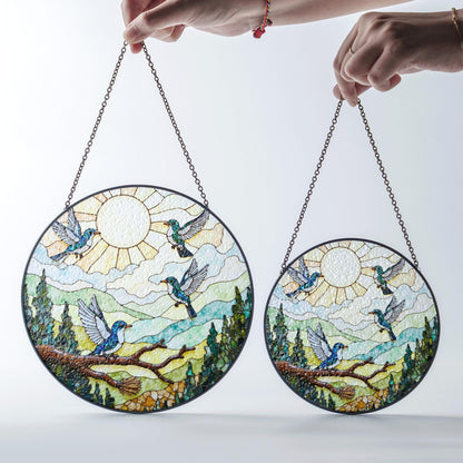 Colorful hummingbirds forest art glass suncatcher window hanging gift for mom birthday