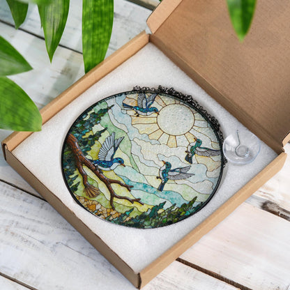 Colorful hummingbirds forest art glass suncatcher window hanging gift for mom birthday
