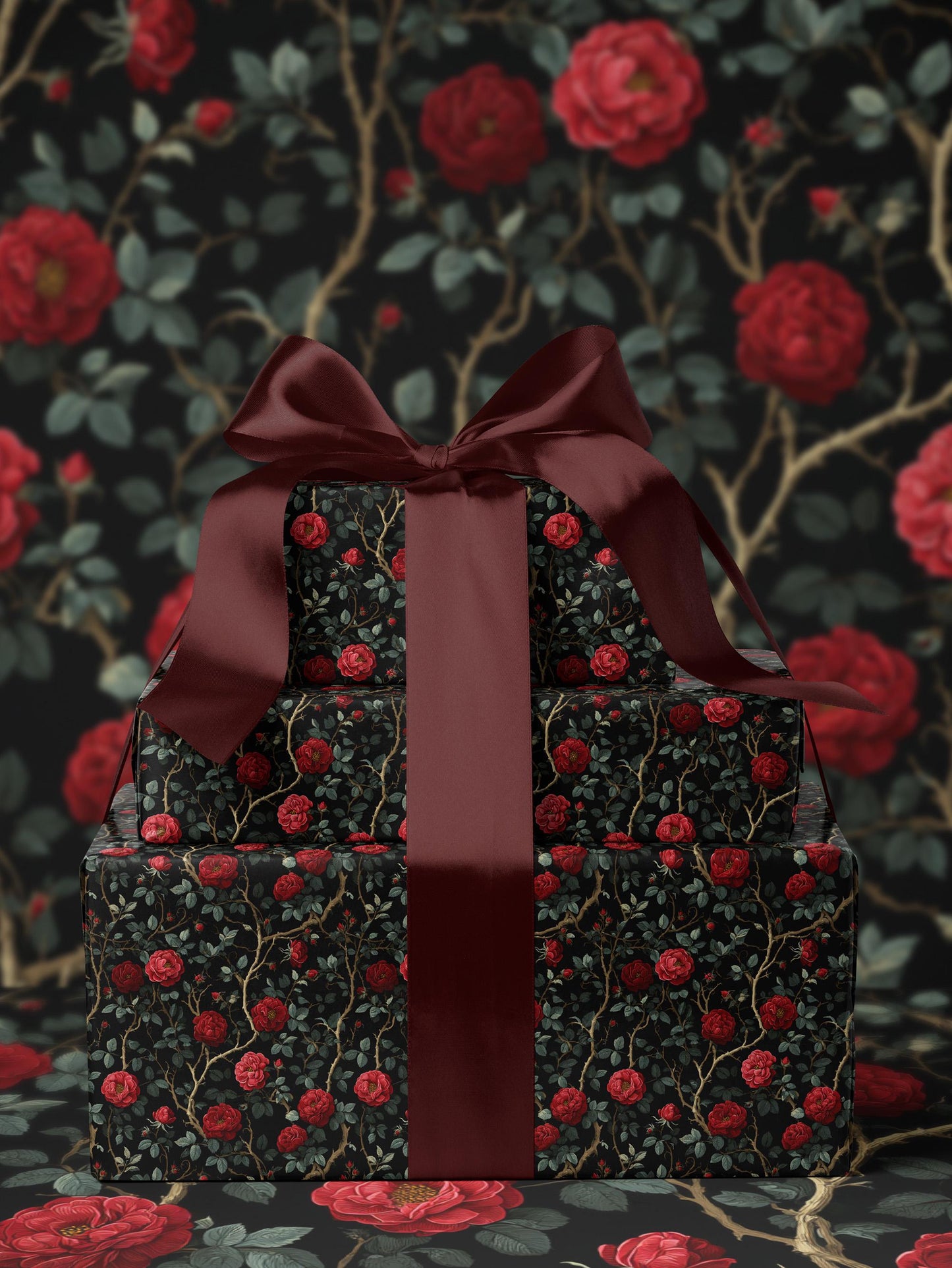 Rose Wrapping Paper Dark Floral Gift Wrap Gothic Party Decor Moody Floral Wrapping Paper Birthday Present Gift Idea Elegant Gifting Paper