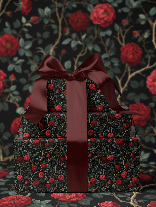 Dark Floral Wrapping Paper Rose Gift Wrap Botanical Flower Print Wedding Gift Wrapping Paper Roll Moody Flower Art Romantic Gift for Her