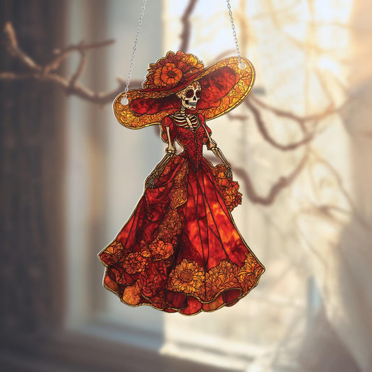 Decorative Skeleton Lady Hanging Ornament, Gothic Red Dress Window Decor, Halloween Dia De Los Muertos Home Decoration, Halloween Decor