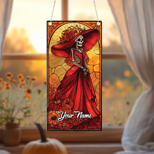 Personalized Skeleton Lady Hanging Decor, Gothic Red Dress Window Ornament, Custom Name Halloween Dia De Los Muertos Gift, halloween decor