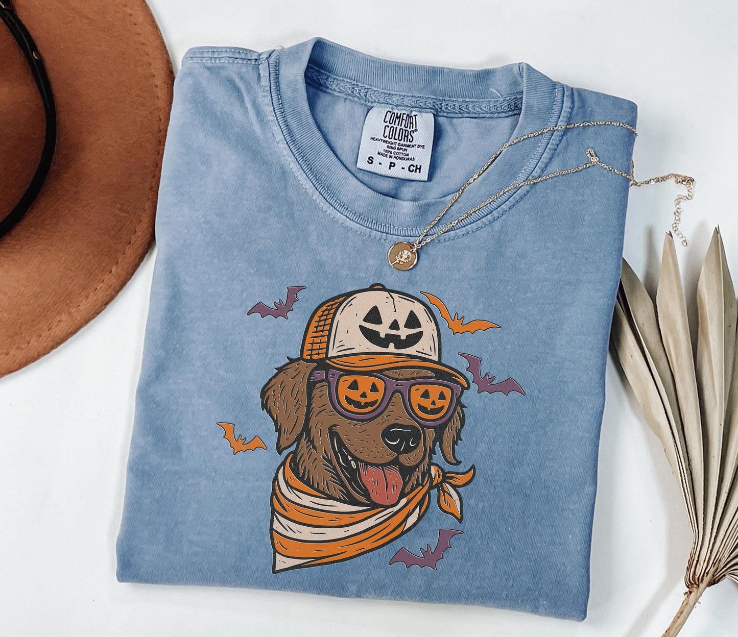 Comfort Colors® Chocolate Lab with Pumpkin Trucker Hat and Sunglasses Shirt, Halloween Cool Dog, Fall Pet Halloween Shirt for Dog Lovers