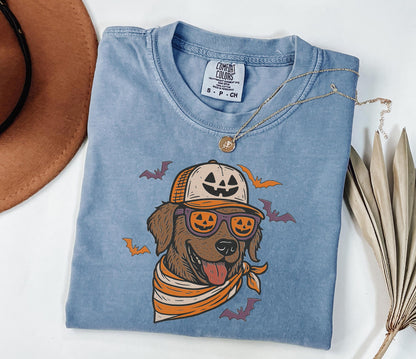 Comfort Colors® Chocolate Lab with Pumpkin Trucker Hat and Sunglasses Shirt, Halloween Cool Dog, Fall Pet Halloween Shirt for Dog Lovers