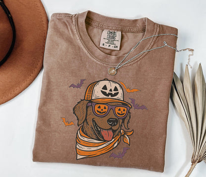 Comfort Colors® Chocolate Lab with Pumpkin Trucker Hat and Sunglasses Shirt, Halloween Cool Dog, Fall Pet Halloween Shirt for Dog Lovers