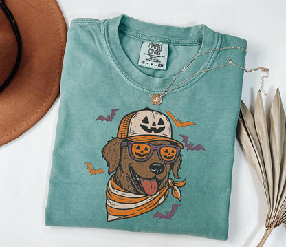 Comfort Colors® Chocolate Lab with Pumpkin Trucker Hat and Sunglasses Shirt, Halloween Cool Dog, Fall Pet Halloween Shirt for Dog Lovers