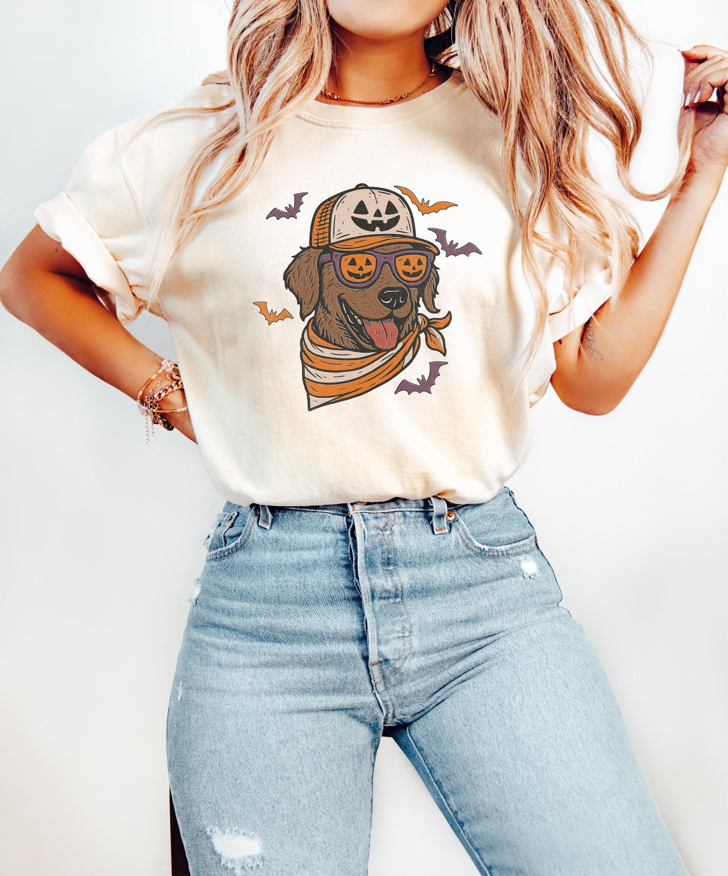 Comfort Colors® Chocolate Lab with Pumpkin Trucker Hat and Sunglasses Shirt, Halloween Cool Dog, Fall Pet Halloween Shirt for Dog Lovers