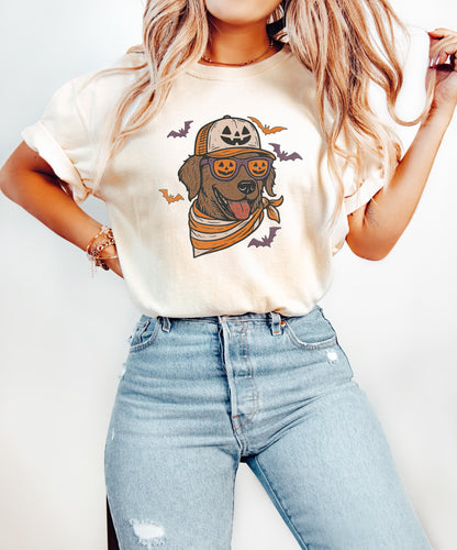 Comfort Colors® Chocolate Lab with Pumpkin Trucker Hat and Sunglasses Shirt, Halloween Cool Dog, Fall Pet Halloween Shirt for Dog Lovers