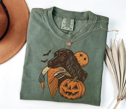 Comfort Colors® Halloween Hunting Dog Shirt, Funny Fall Thanksgiving with Pumpkins Bats Shirt, Spooky Duck Hunt Fall Jack O’ Lantern Shirt