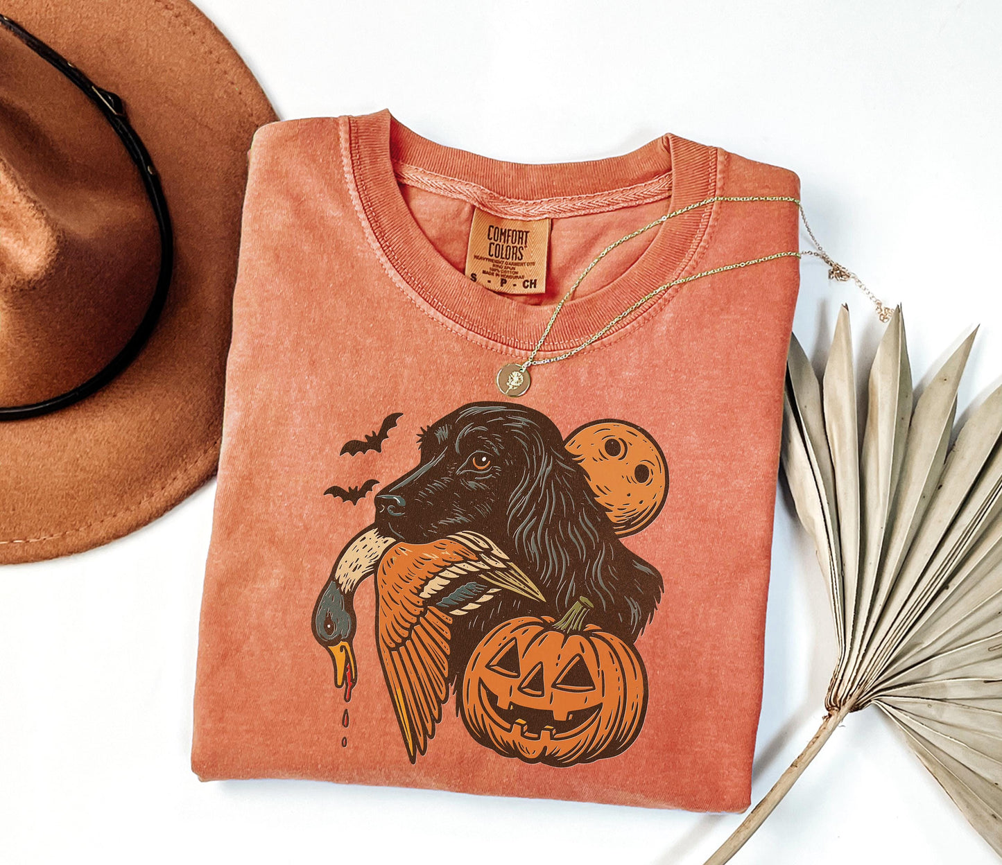 Comfort Colors® Halloween Hunting Dog Shirt, Funny Fall Thanksgiving with Pumpkins Bats Shirt, Spooky Duck Hunt Fall Jack O’ Lantern Shirt