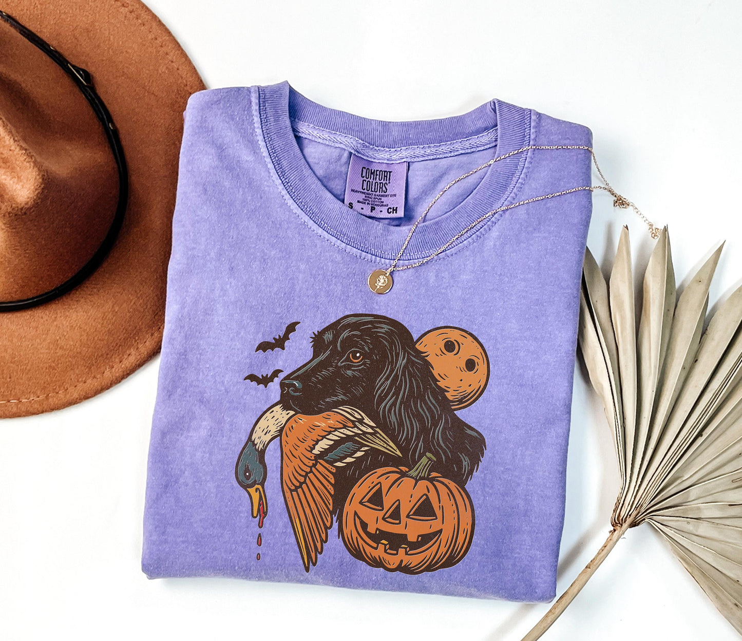 Comfort Colors® Halloween Hunting Dog Shirt, Funny Fall Thanksgiving with Pumpkins Bats Shirt, Spooky Duck Hunt Fall Jack O’ Lantern Shirt
