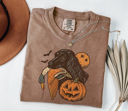 Comfort Colors® Halloween Hunting Dog Shirt, Funny Fall Thanksgiving with Pumpkins Bats Shirt, Spooky Duck Hunt Fall Jack O’ Lantern Shirt