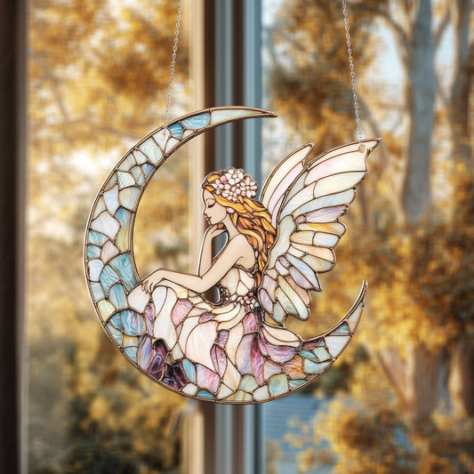 Fairy on Crescent Moon Window Hanging Decoration, Enchanted Home Décor Accent with Colorful Wings for Magical and Whimsical Room Style