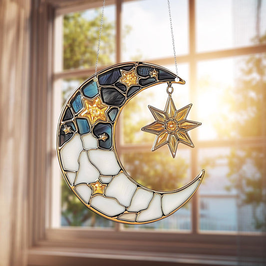 Crescent Moon and Star Window Hanging, Celestial Home Décor Accent with Blue and Gold Details for Magical and Whimsical Room Style