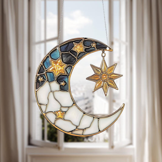 Crescent Moon and Star Window Hanging, Celestial Home Décor Accent with Blue and Gold Details for Magical and Whimsical Room Style