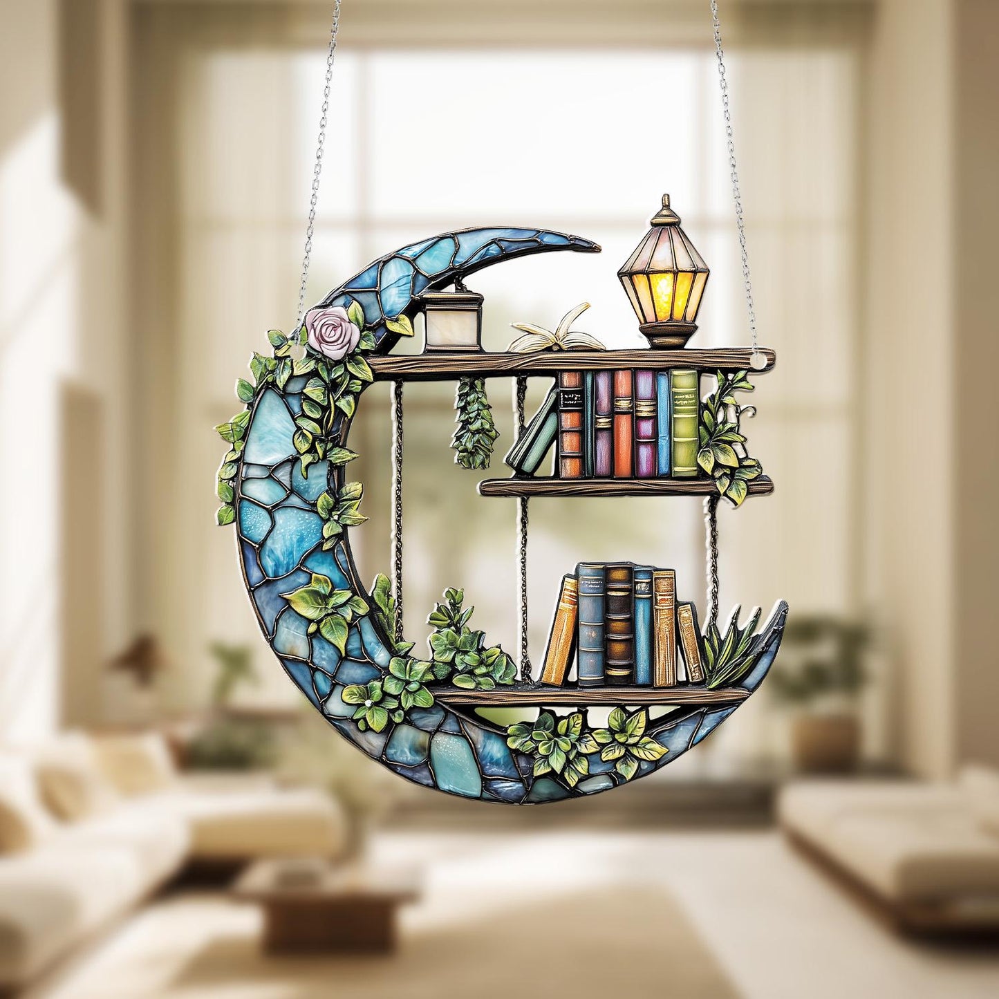 Crescent Moon Bookshelf Window Hanging Decoration with Lantern and Green Vines, Whimsical Home Décor Accent for Magical Reading Lovers