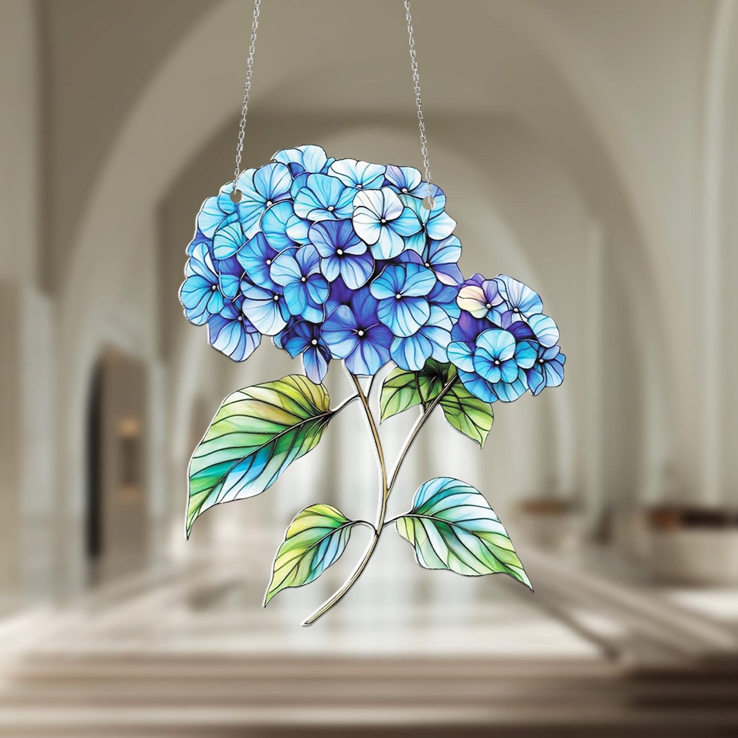 Blue Hydrangea Flower Window Hanging Decoration, Elegant Floral Home Décor Accent with Green Leaves for Fresh Botanical and Garden Style