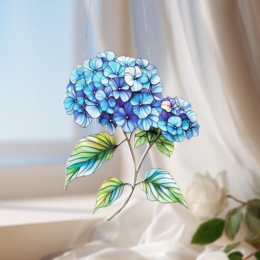 Blue Hydrangea Flower Window Hanging Decoration, Elegant Floral Home Décor Accent with Green Leaves for Fresh Botanical and Garden Style