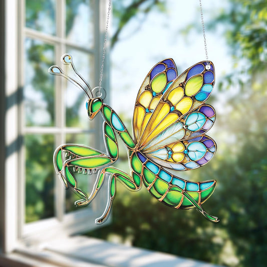 Colorful Mantis Window Hanging Decoration with Vibrant Wings in Green, Yellow and Blue, Unique Insect Inspired Accent for Nature Home Décor