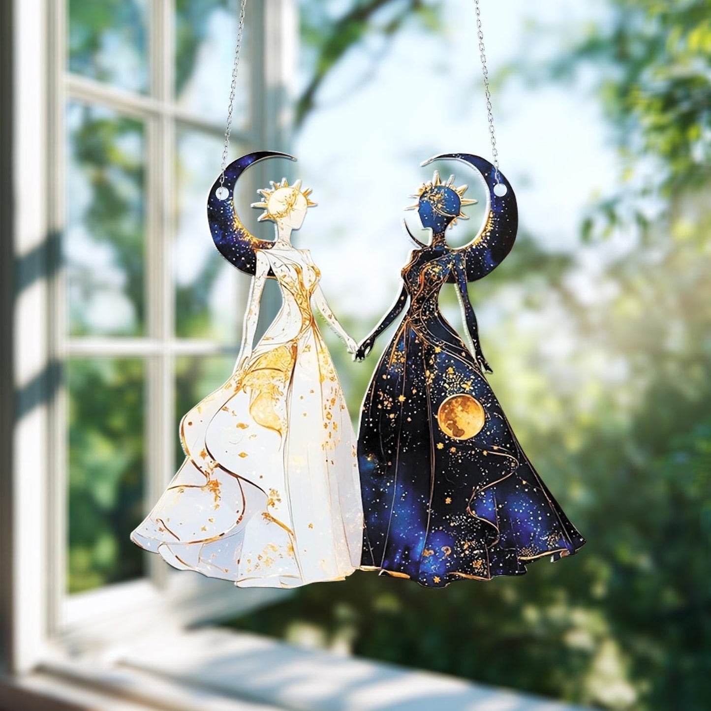 Sun and Moon Goddess Window Hanging Decoration, Celestial Duo Holding Hands in White and Dark Dresses for Mystical Home and Cosmic Décor