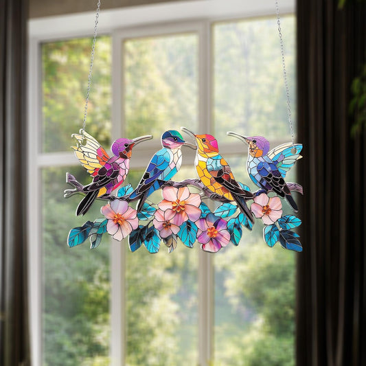 Colorful Hummingbirds and Flowers Window Hanging Decoration, Vibrant Birds with Pink Blossoms for Nature Inspired Botanical Home Décor