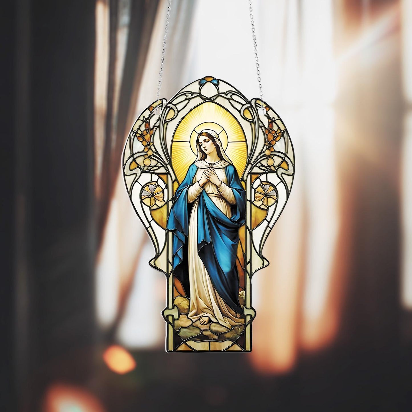 Virgin Mary Window Hanging Decoration, Sacred Religious Art Piece with Radiant Halo and Blue Robe for Spiritual Home, Christian Faith Décor